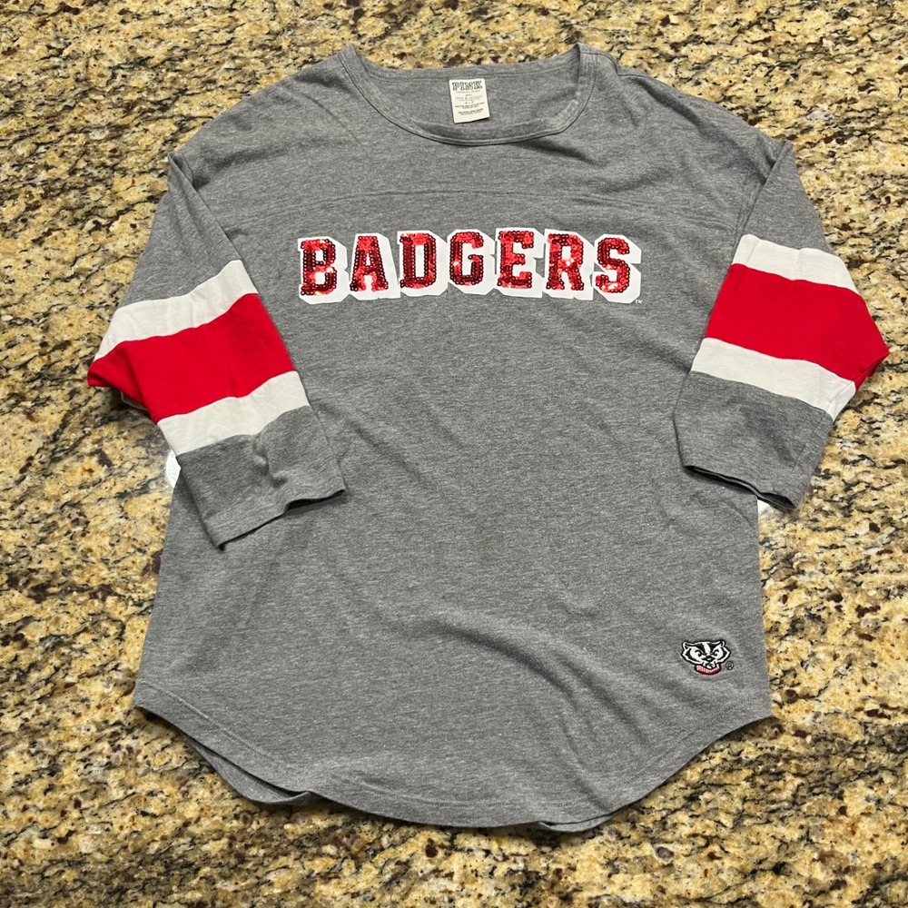Pink Victorias Secret Wisconsin Badgers Sequin Long Sleeve T-Shirt Gray Small